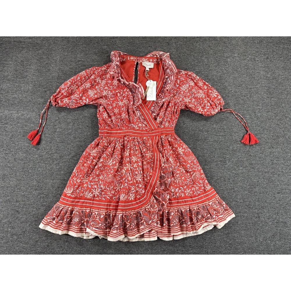 Cleobella Dress Womens Medium Red Floral Organic Cotton Mini Ruffle Hem Boho